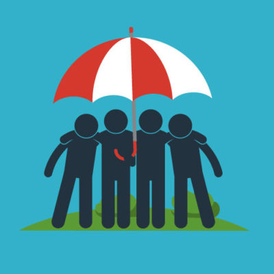 Illustration of various people under an umbrella