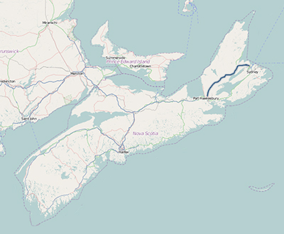 Map of Nova Scotia showing Highway 105 route