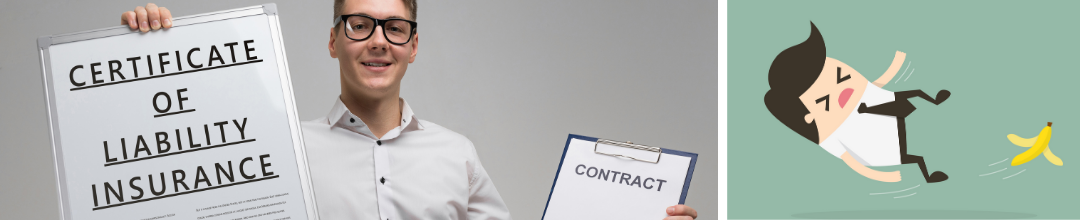 A young man holding up a liability insurance certificate and contract; a graphic of a businessman slipping on a banana peel