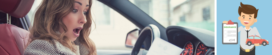 A female driver looking at a ticket in her car with surprise