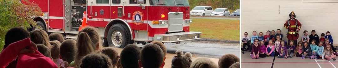 School kids looking at a firetruck outside on the left, group of children with firefighter in a gym for smoke dectectore education