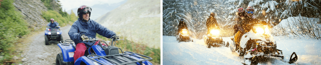 A pair of men riding ATVs with their arms out